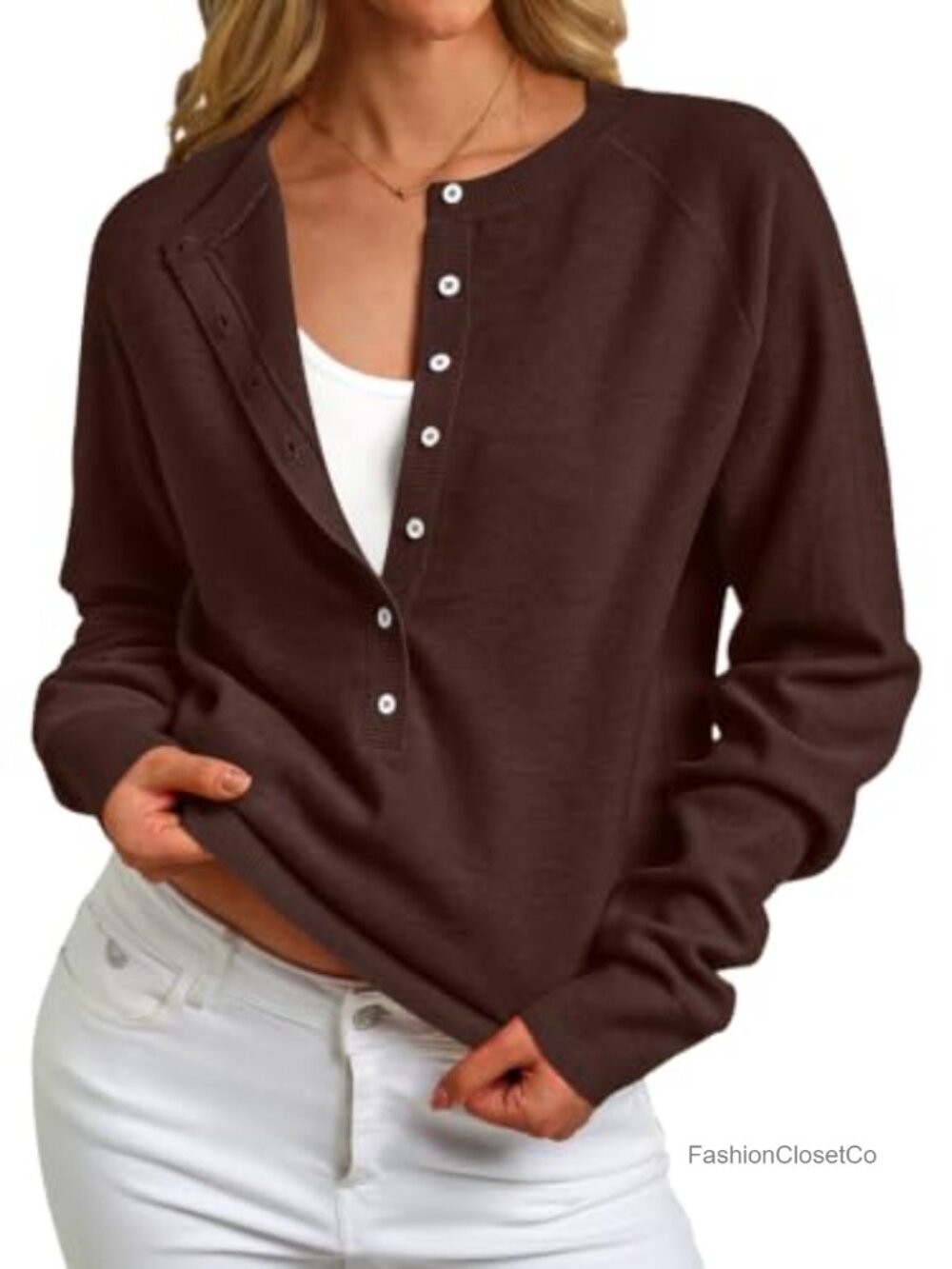 Women's Long Sleeve Henley Sweater Pullover Loose Fit Business Casual